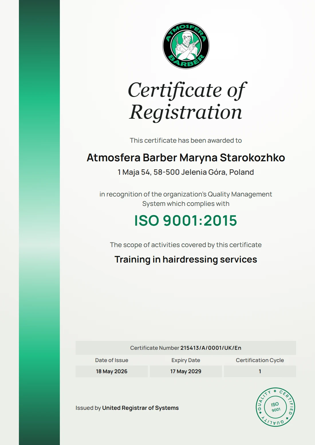 Certificate of Registration ISO 9001:2015 — Atmosfera Barber Maryna Starokozhko, Training in hairdressing services, nr 215413/A/0001/UK/En